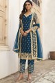 Blue Eid Salwar Kameez in Net with Embroidered