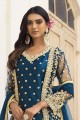 Blue Eid Salwar Kameez in Net with Embroidered