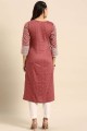 Straight Kurti in Peach Poly cotton with Printed