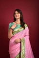 Baby pink Banarasi Saree in Banarasi silk with Zari,weaving