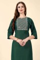 Green Cotton Embroidered Straight Kurti with Dupatta