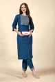 Embroidered Cotton Straight Kurti in Teal blue