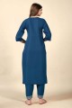 Embroidered Cotton Straight Kurti in Teal blue