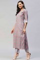 Cotton Straight Kurti in Grey with Printed