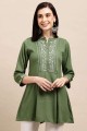 Embroidered Rayon Straight Kurti in Green with Dupatta