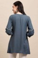 Embroidered Rayon Straight Kurti in Grey with Dupatta