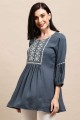 Embroidered Rayon Straight Kurti in Grey with Dupatta