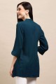 Embroidered Straight Kurti in Teal blue Rayon