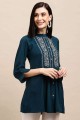 Embroidered Straight Kurti in Teal blue Rayon