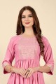 Embroidered Cotton Straight Kurti in Pink with Dupatta