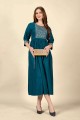 Embroidered Cotton Teal blue Straight Kurti with Dupatta