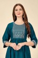 Embroidered Cotton Teal blue Straight Kurti with Dupatta