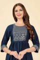 Cotton Straight Kurti in Blue with Embroidered
