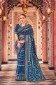 Cotton Printed,weaving,lace border Blue Saree with Blouse