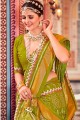 Green Saree with Printed,weaving,lace border Cotton