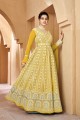 Embroidered Georgette Gown Dress in Yellow with Dupatta