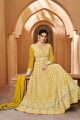 Embroidered Georgette Gown Dress in Yellow with Dupatta