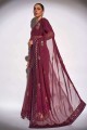 Wine  Saree with Embroidered,printed,lace border Georgette