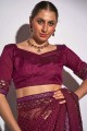Wine  Saree with Embroidered,printed,lace border Georgette