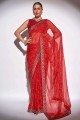 Embroidered,printed,lace border Georgette Saree in Red