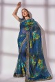 Teal blue Embroidered,printed,lace border Georgette Saree