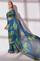 Teal blue Embroidered,printed,lace border Georgette Saree