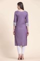 Embroidered Cotton Straight Kurti in Violet with Dupatta