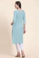 Blue Straight Kurti in Embroidered Cotton