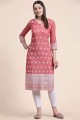 Embroidered Cotton Straight Kurti in Pink with Dupatta