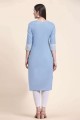 Blue Cotton Straight Kurti with Embroidered