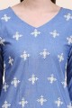 Embroidered Straight Kurti in Blue Cotton