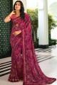 Wine  Saree with Printed,lace border Georgette