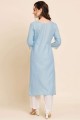 Cotton Straight Kurti in Sky blue with Embroidered