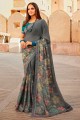 Printed,lace border Georgette Grey Saree with Blouse
