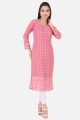 Embroidered Georgette Straight Kurti in Pink with Dupatta