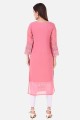 Embroidered Georgette Straight Kurti in Pink with Dupatta