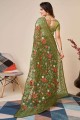 Green Soft net Saree with Thread,embroidered