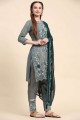 Embroidered Straight Pant Suit in Green Georgette
