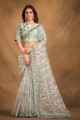 Stone,sequins,embroidered Velvet Sea green  Saree with Blouse