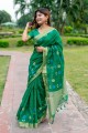 Green Saree in Linen with Zari,thread,weaving