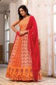 Digital print Silk Gown Dress in Orange with Dupatta