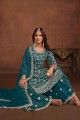 Faux georgette Palazzo Suit with Embroidered in Teal