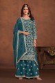 Faux georgette Palazzo Suit with Embroidered in Teal