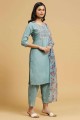 Aqua blue  Straight Pant Suit Cotton with Printed