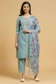 Aqua blue  Straight Pant Suit Cotton with Printed