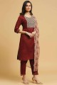 Straight Pant Suit in Maroon  Cotton with Printed