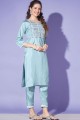 Aqua Silk Embroidered Straight Pant Suit with Dupatta