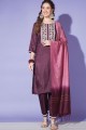 Embroidered Silk Wine  Straight Pant Suit with Dupatta