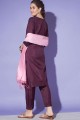 Wine  Straight Pant Suit in Embroidered Silk