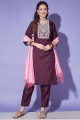 Wine  Straight Pant Suit in Embroidered Silk